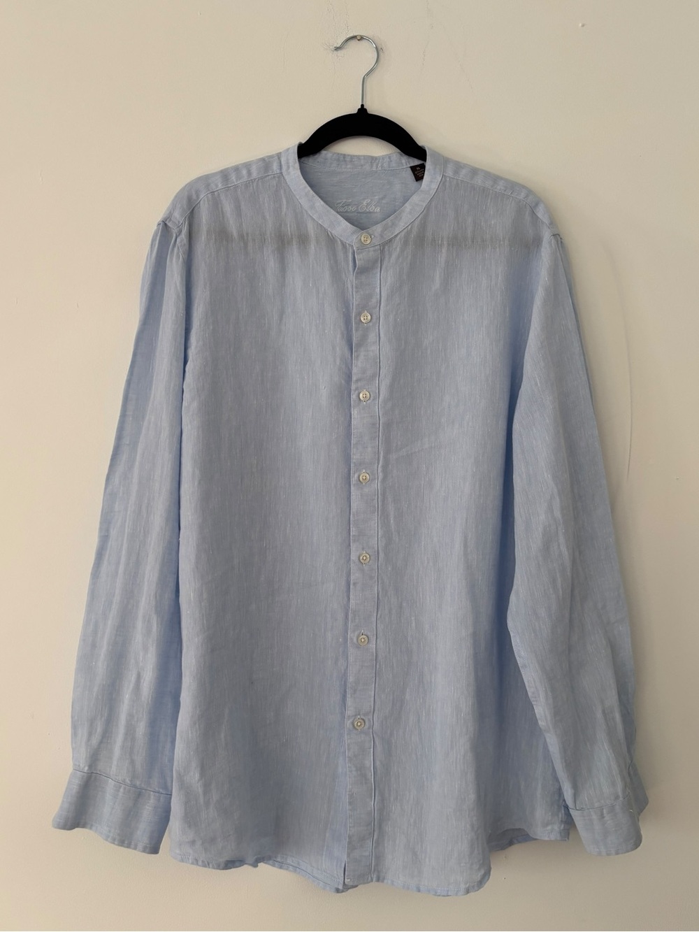 Tasso Elba Men's 100% Linen Band Collar Long Sleeve Shirt Light Blue XL